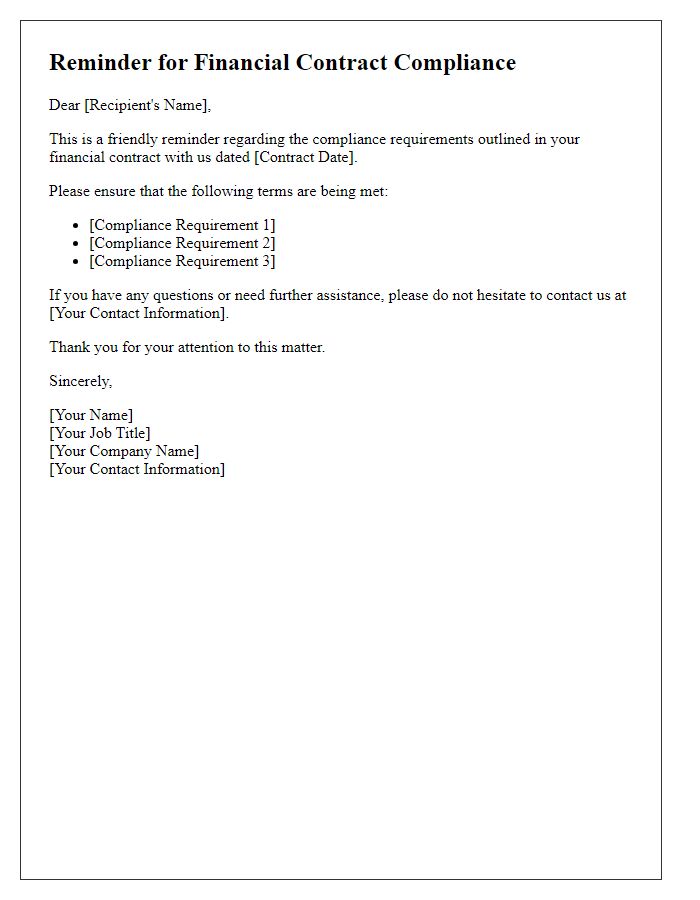 Letter template of reminder for financial contract compliance