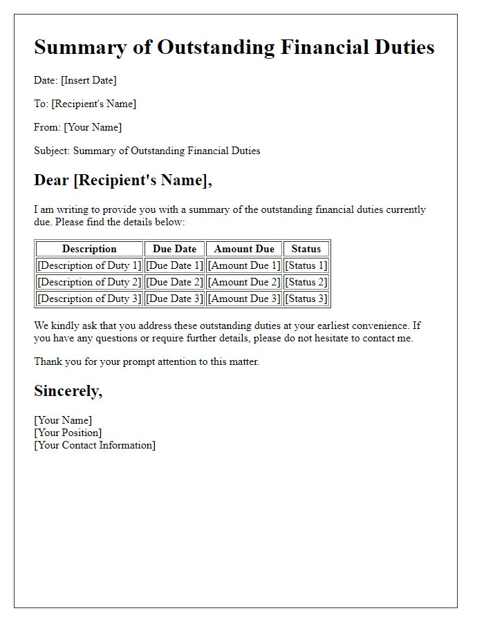 Letter template of summary of outstanding financial duties