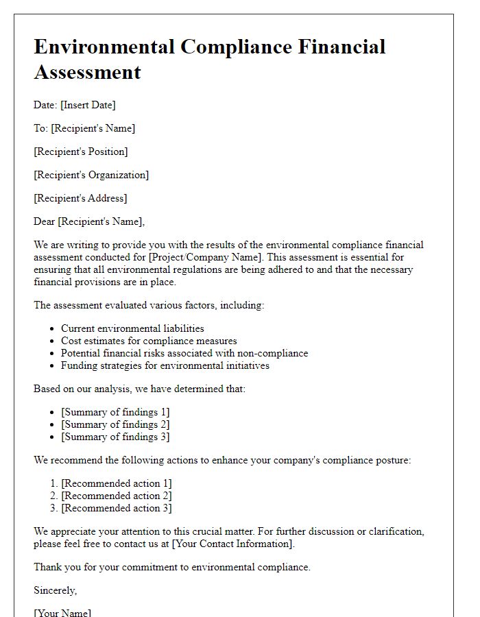 Letter template of environmental compliance financial assessment