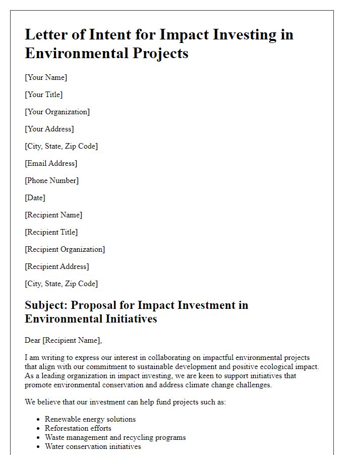 Letter template of impact investing for environmental projects