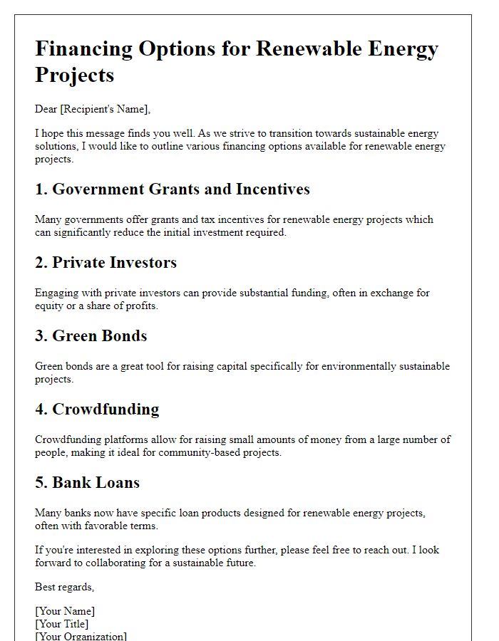 Letter template of renewable energy financing options