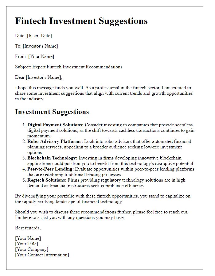 Letter template of expert fintech investment suggestions.