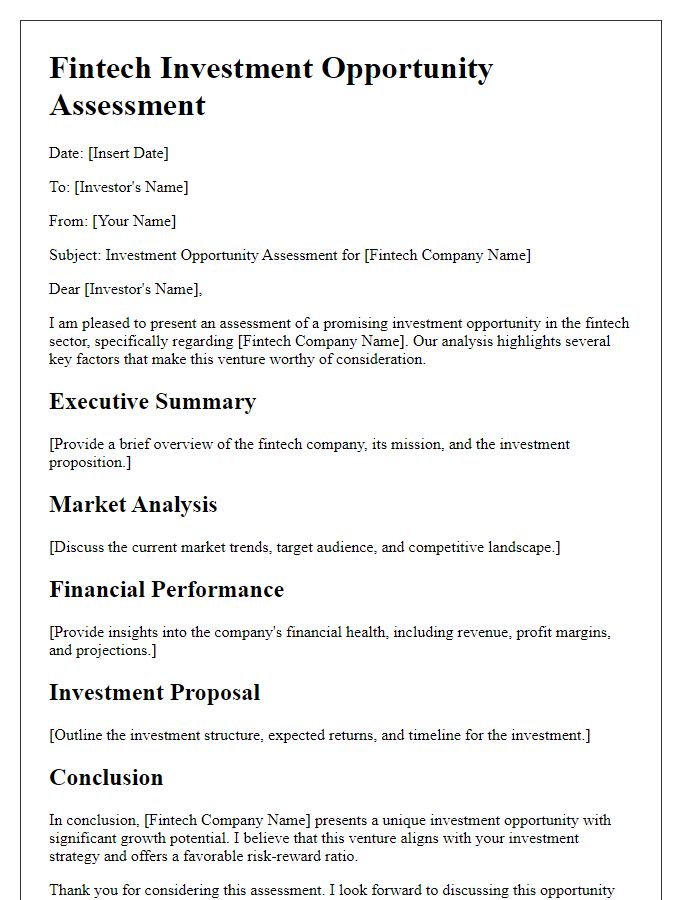 Letter template of fintech investment opportunity assessment.