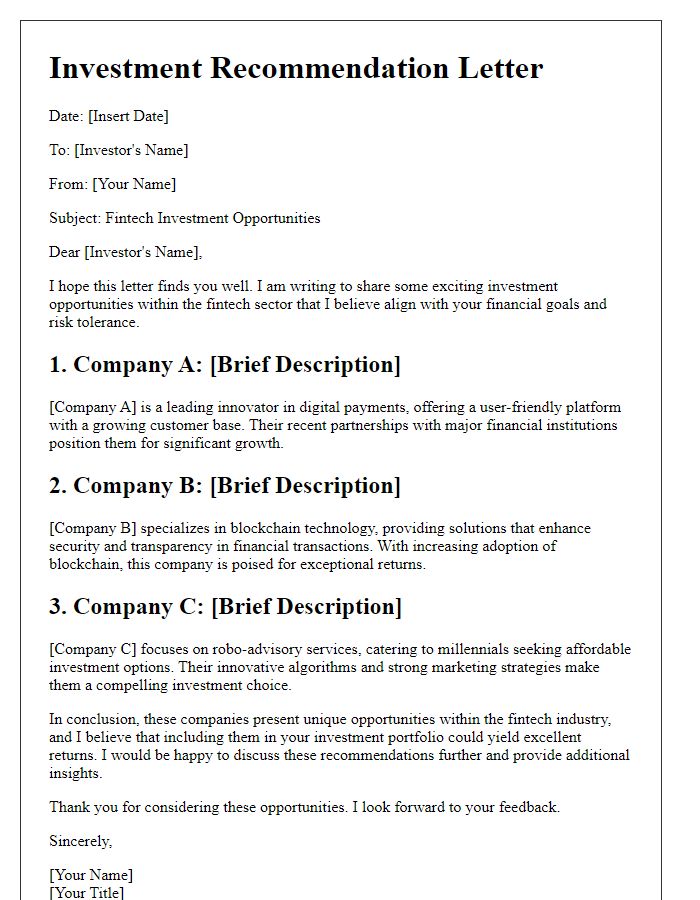 Letter template of fintech investment recommendations.