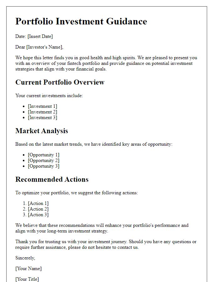 Letter template of fintech portfolio investment guidance.