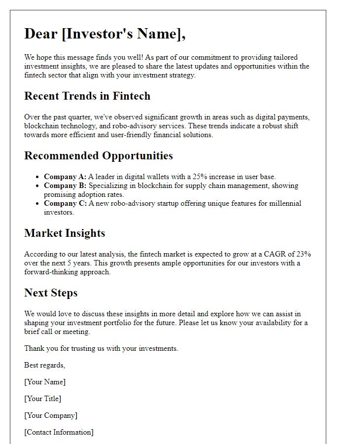 Letter template of personalized fintech investment insights.