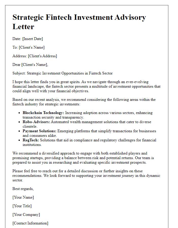 Letter template of strategic fintech investment advice.