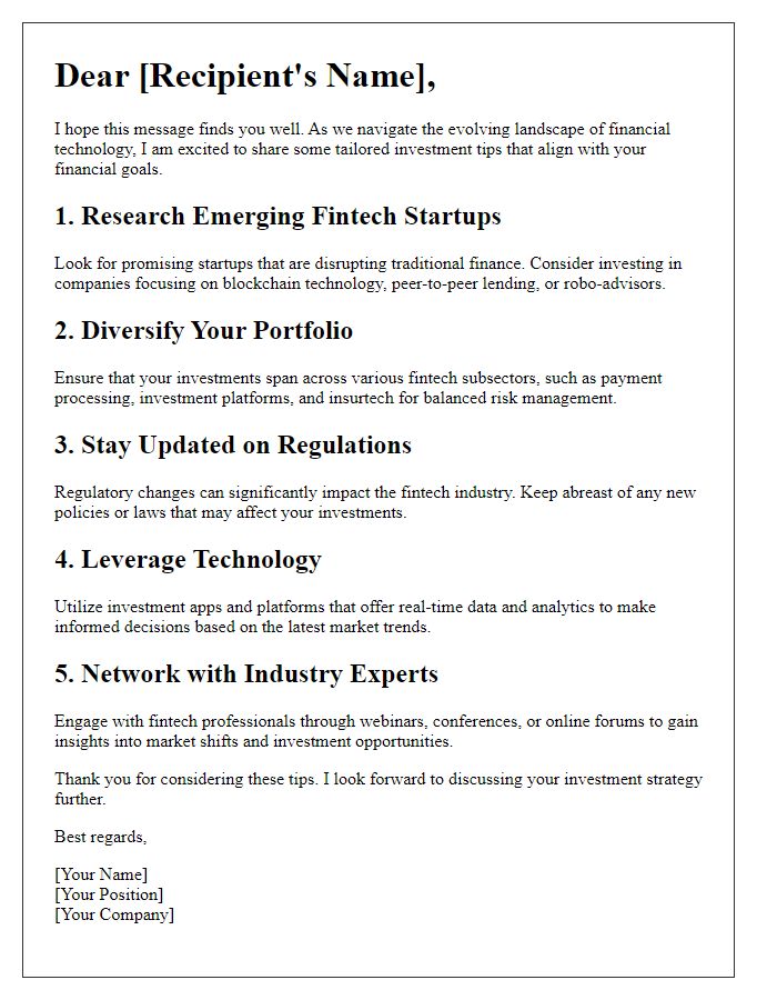 Letter template of tailored fintech investment tips.