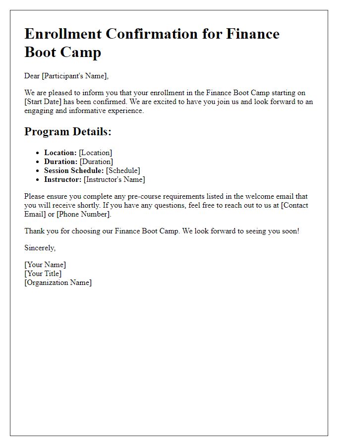 Letter template of enrollment confirmation for finance boot camps