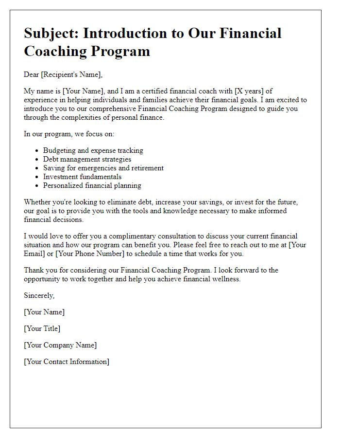 Letter template of introduction for financial coaching programs