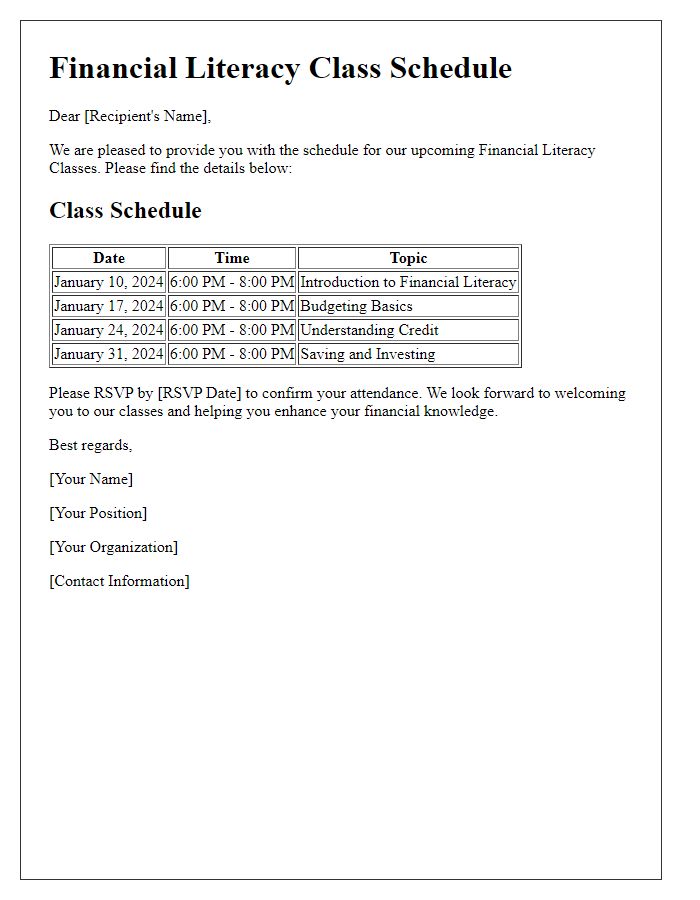 Letter template of schedule for financial literacy classes