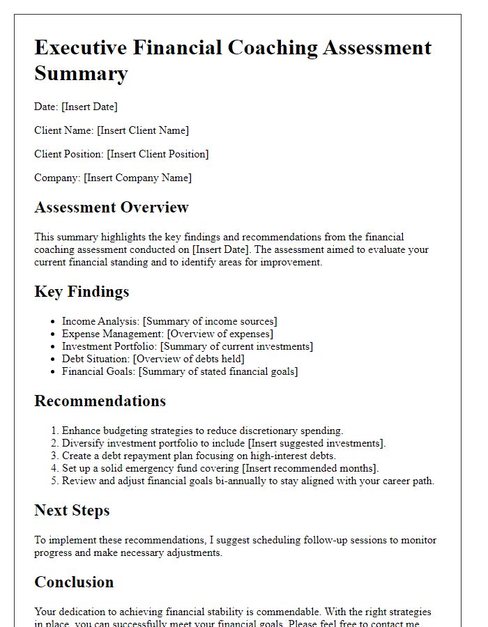 Letter template of executive financial coaching assessment summary