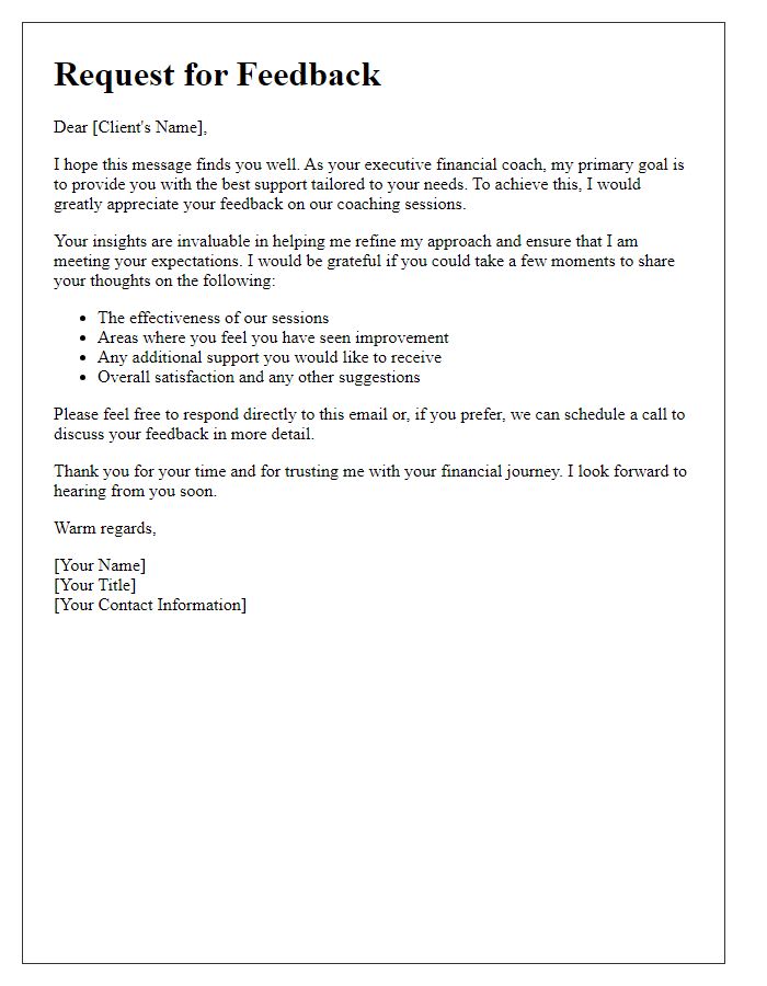 Letter template of executive financial coaching client feedback request