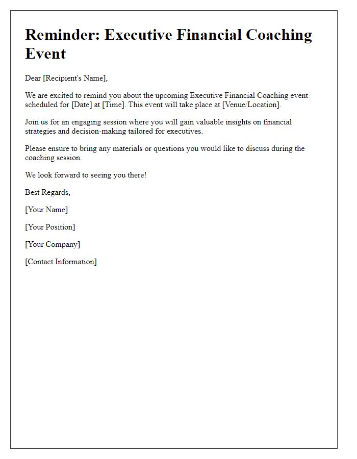 Letter template of executive financial coaching event reminder