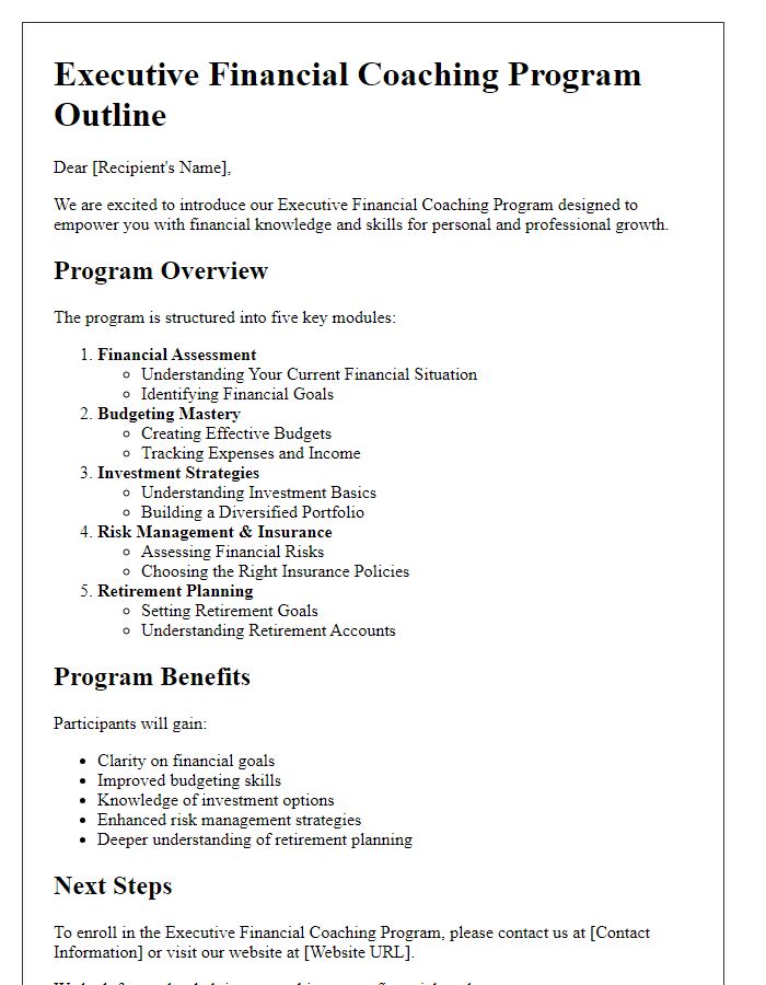 Letter template of executive financial coaching program outline