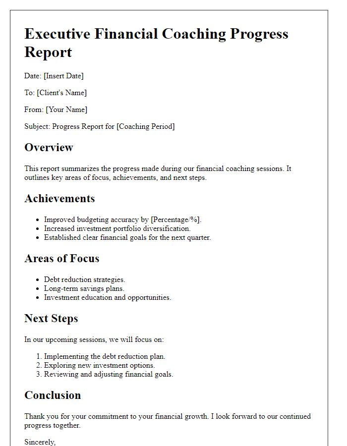 Letter template of executive financial coaching progress report