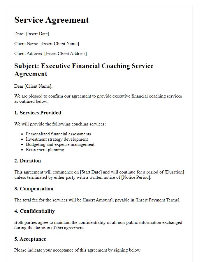 Letter template of executive financial coaching service agreement