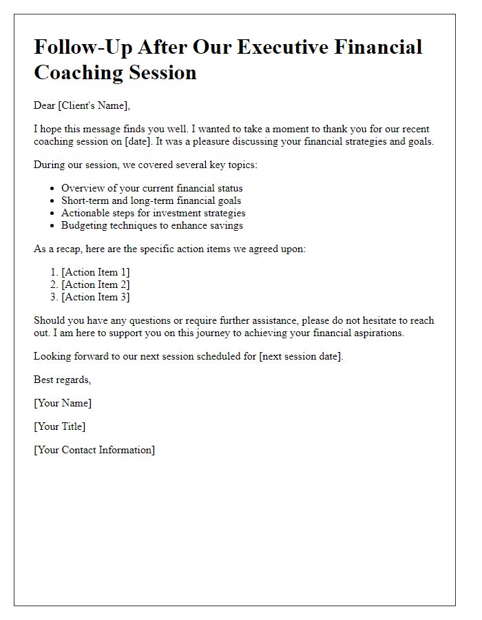 Letter template of executive financial coaching session follow-up