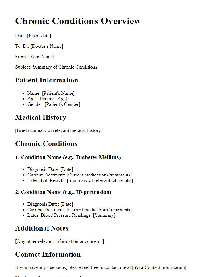 Letter template of chronic conditions outline for a new doctor