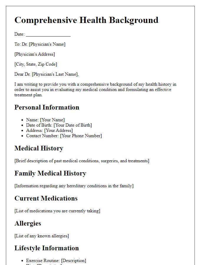 Letter template of comprehensive health background for a physician