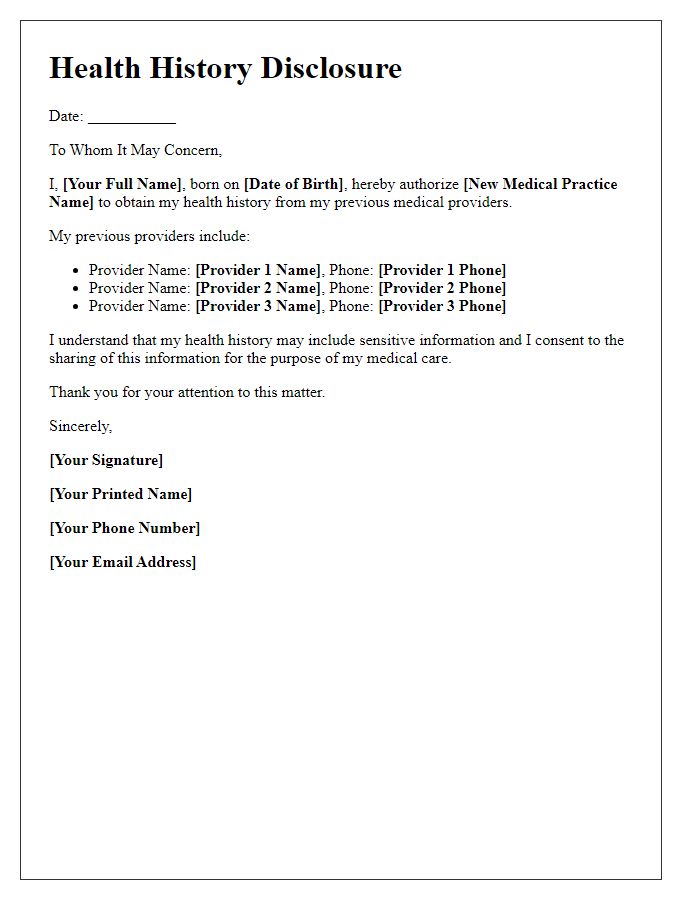 Letter template of health history disclosure for new medical practice