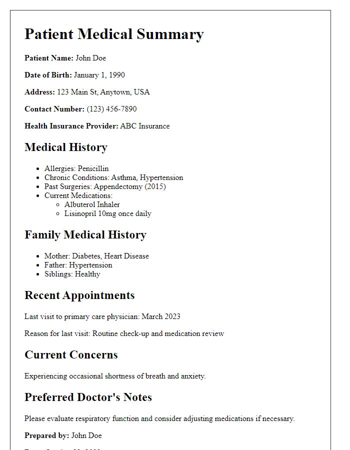 Letter template of patient medical summary for a new doctor visit