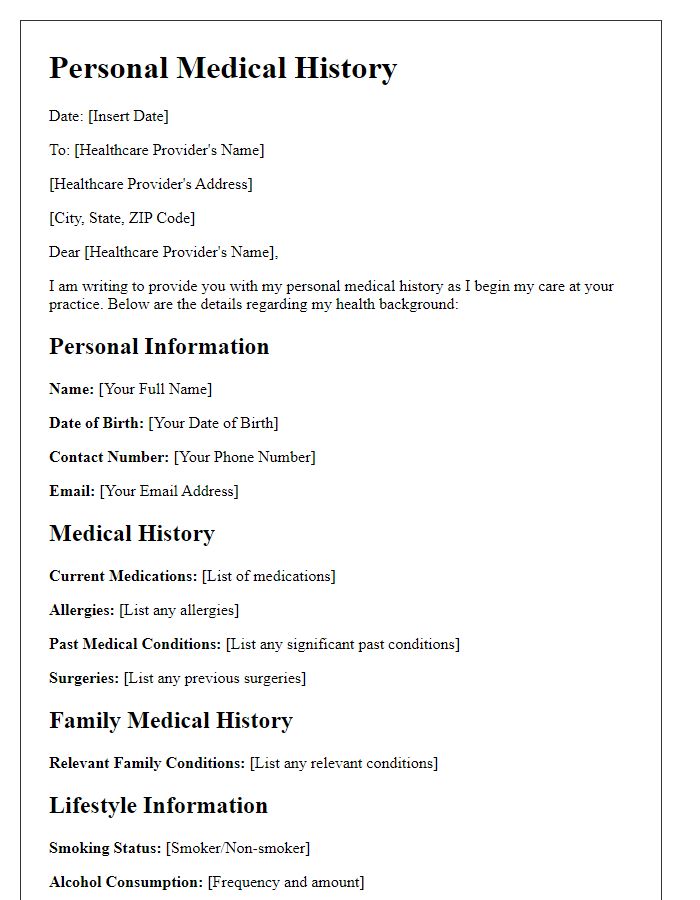 Letter template of personal medical history for a new healthcare provider