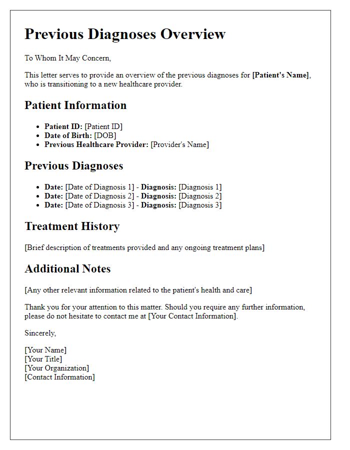 Letter template of previous diagnoses overview for a healthcare change