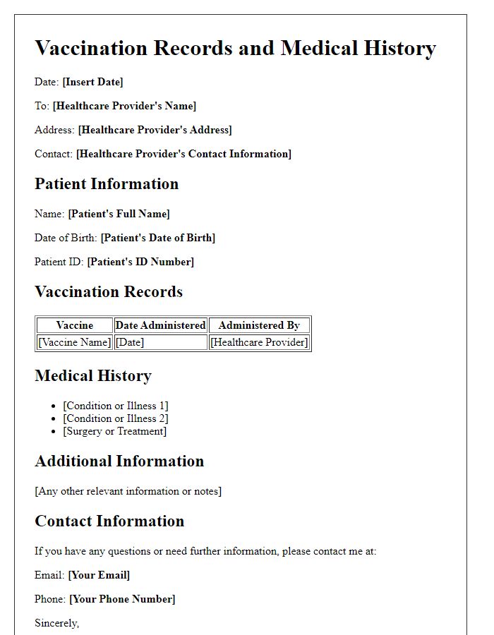 Letter template of vaccination records and medical past for a healthcare provider