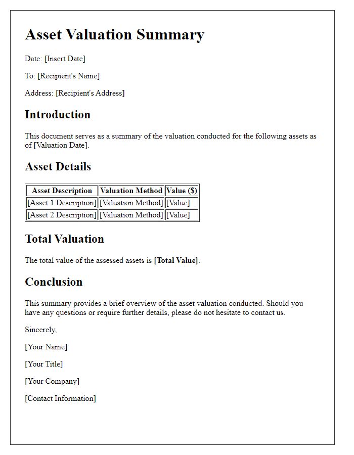 Letter template of asset valuation summary