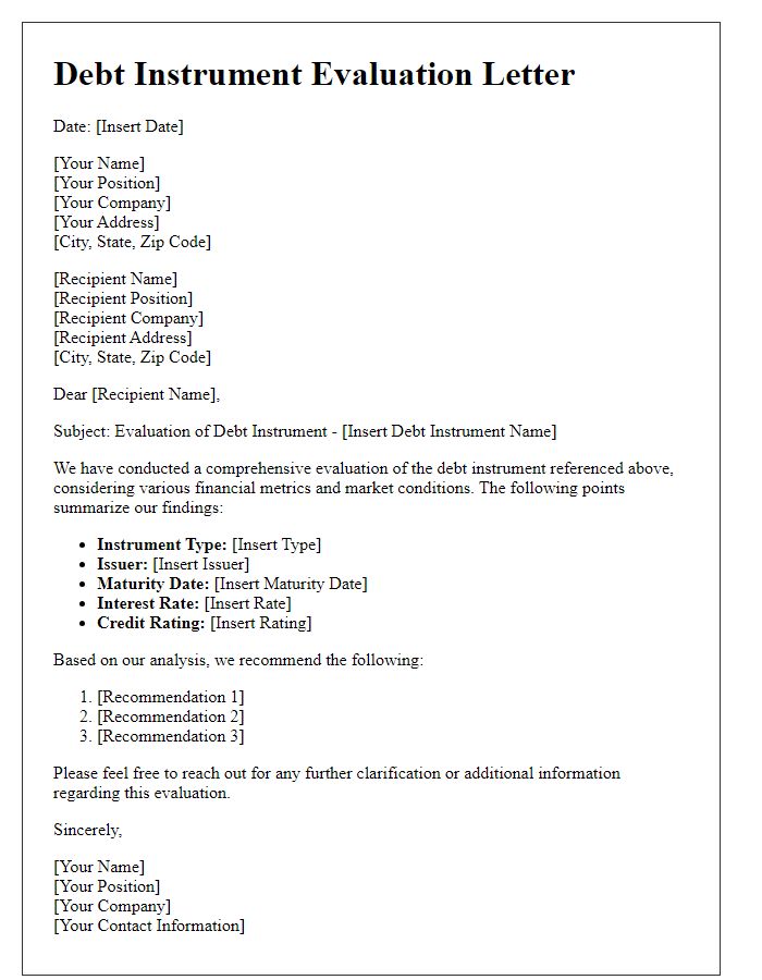 Letter template of debt instrument evaluation