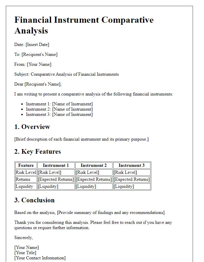 Letter template of financial instrument comparative analysis