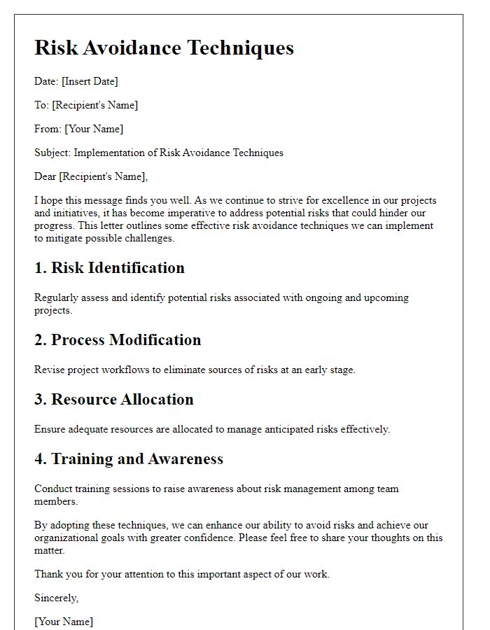 Letter template of risk avoidance techniques