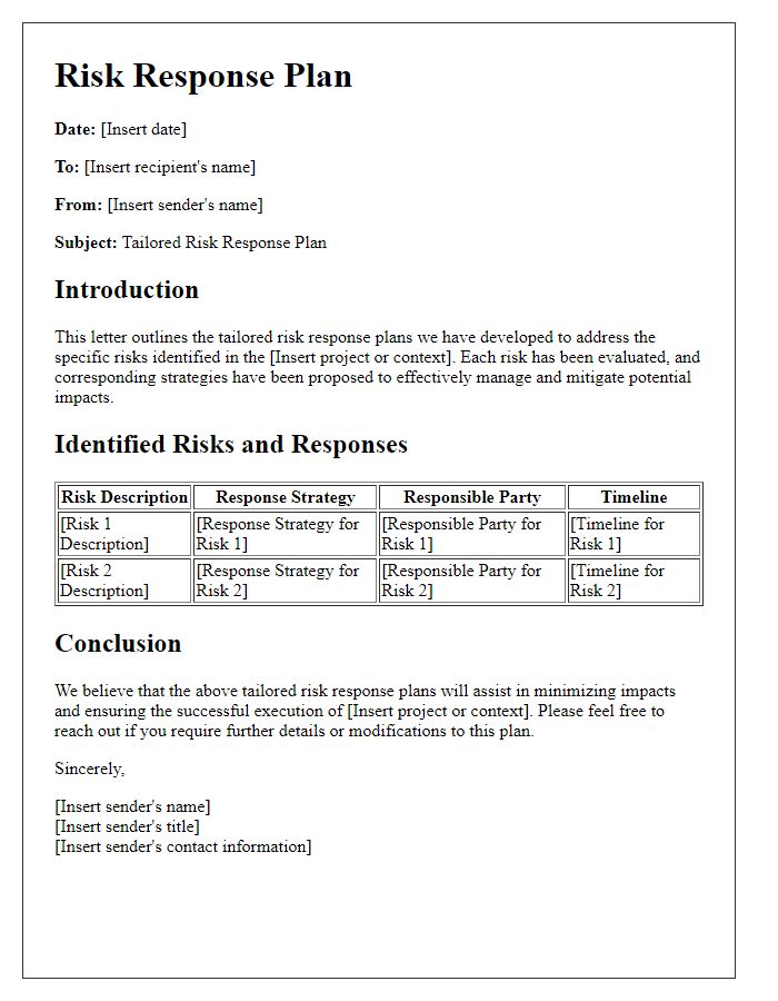 Letter template of tailored risk response plans