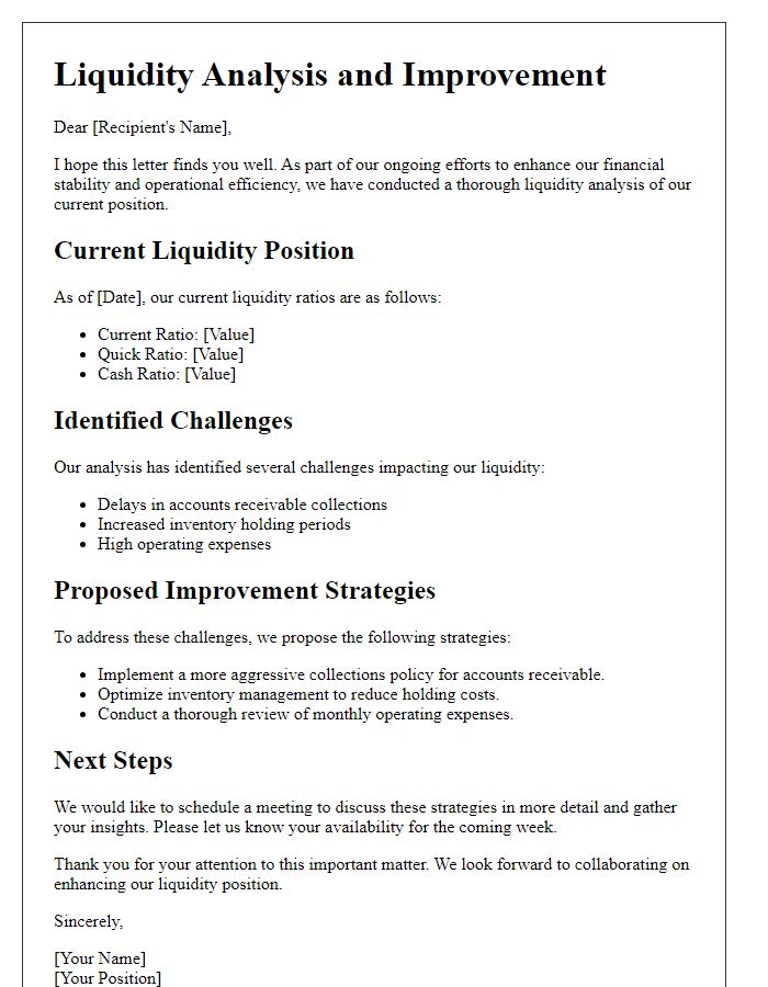 Letter template of liquidity analysis and improvement