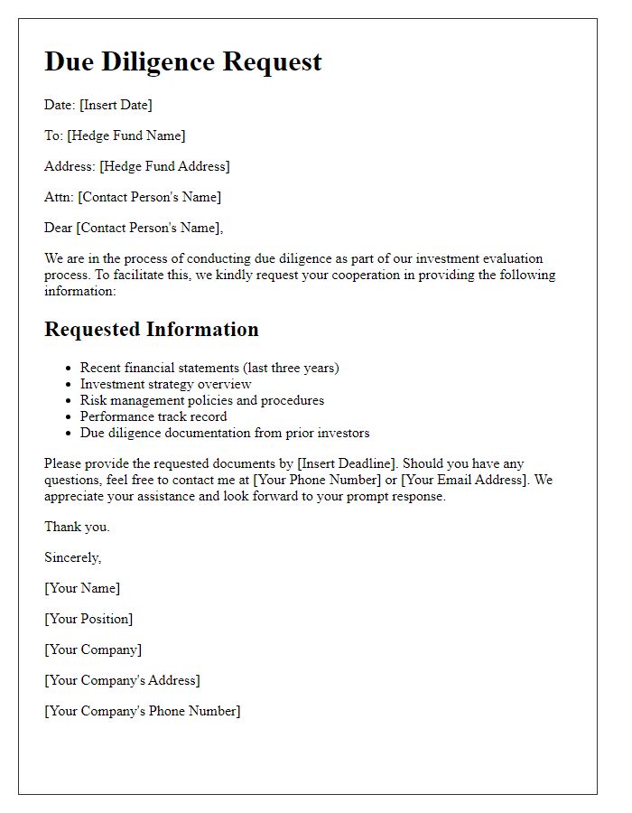 Letter template of hedge fund due diligence request