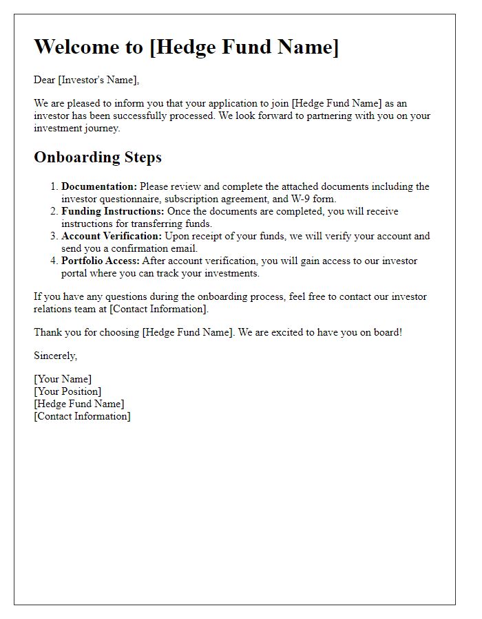 Letter template of hedge fund investor onboarding process