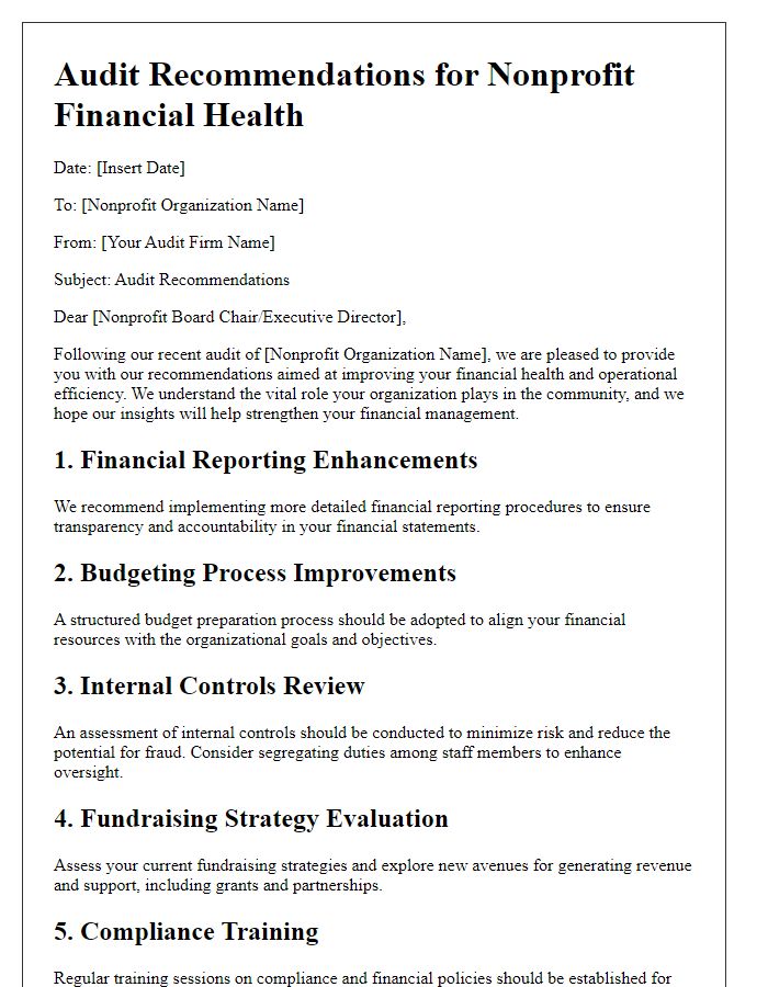 Letter template of audit recommendations for nonprofit financial health