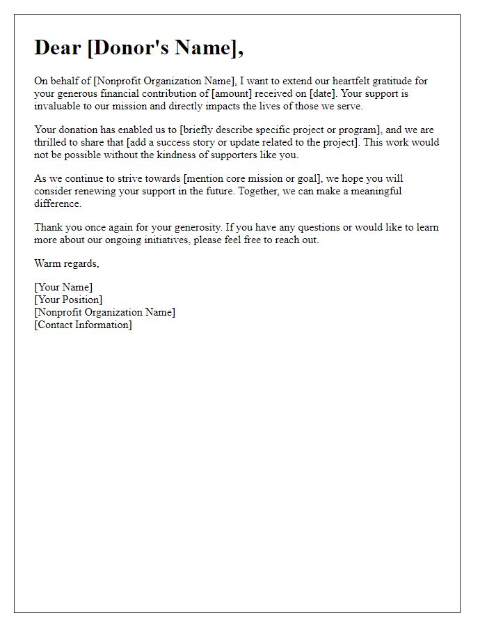 Letter template of donor appreciation for nonprofit financial contributions