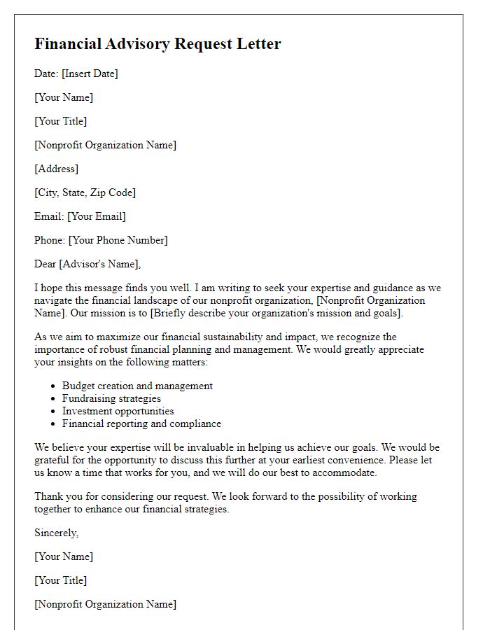 Letter template of financial advisory request for nonprofit organizations