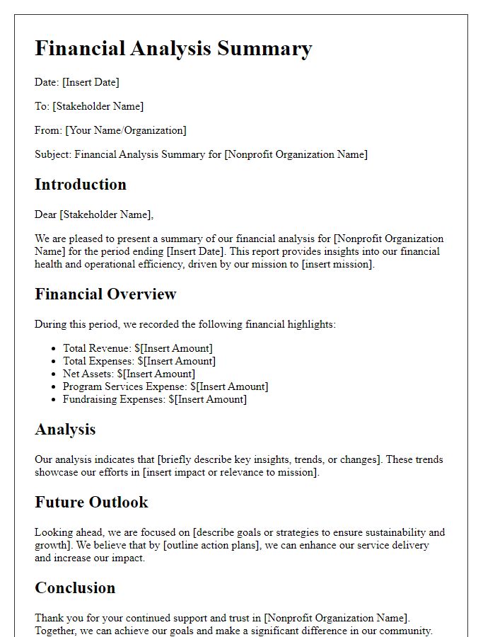 Letter template of financial analysis summary for nonprofit stakeholders