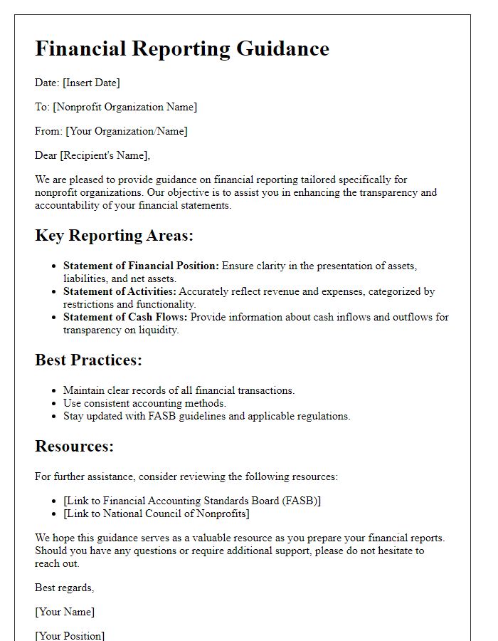 Letter template of financial reporting guidance for nonprofits