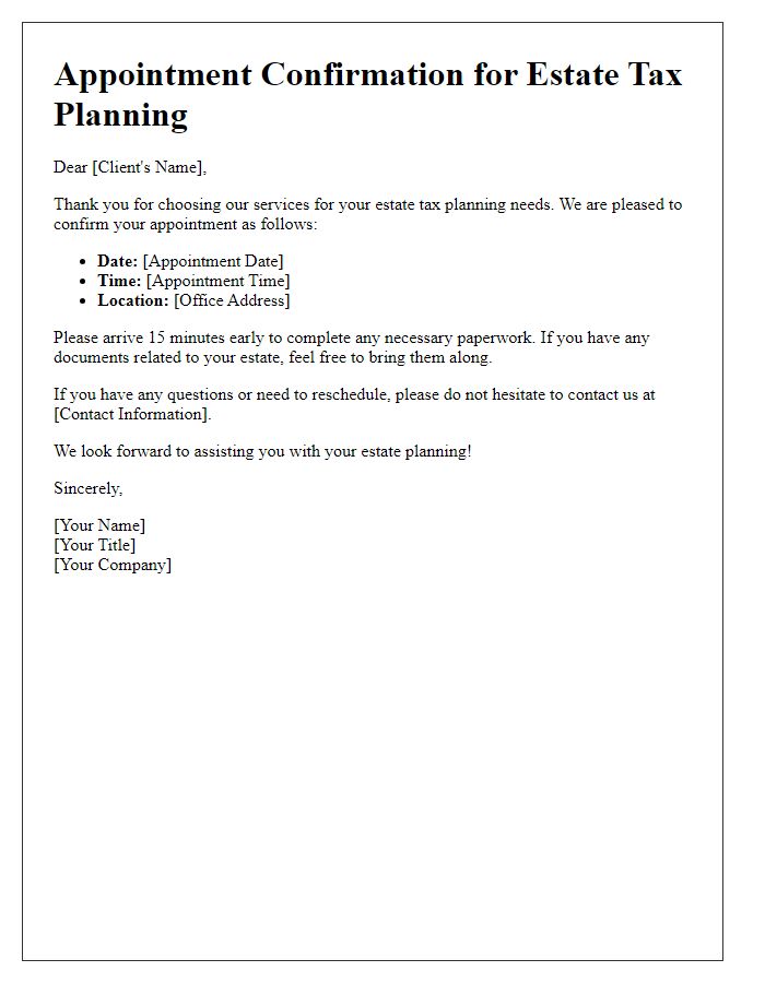 Letter template of estate tax planning appointment scheduling