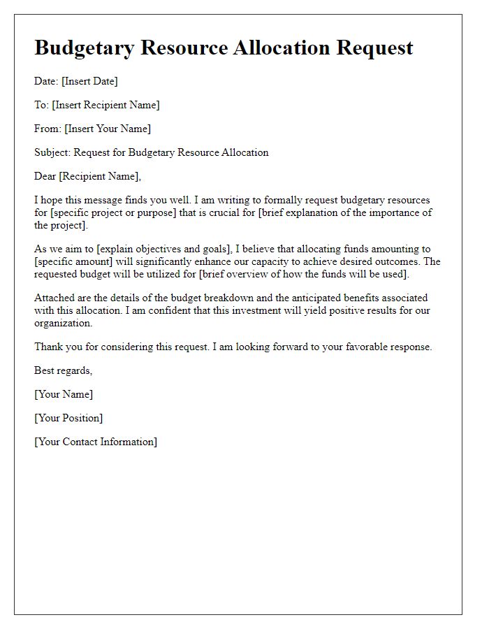 Letter template of budgetary resource allocation request