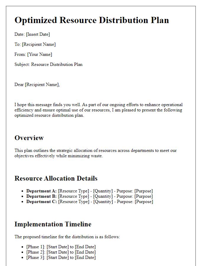 Letter template of optimized resource distribution plan