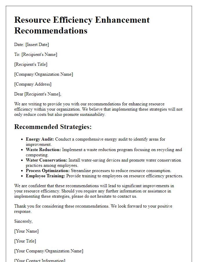 Letter template of resource efficiency enhancement recommendations