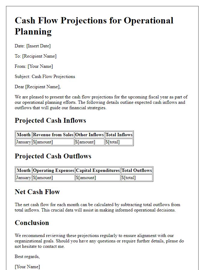 Letter template of cash flow projections for operational planning.