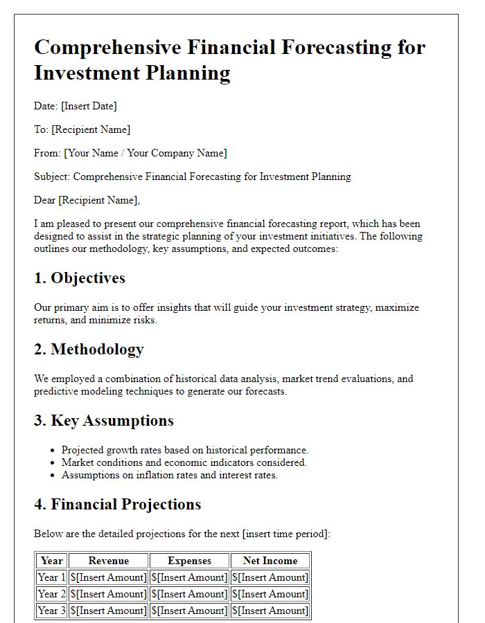 Letter template of comprehensive financial forecasting for investment planning.