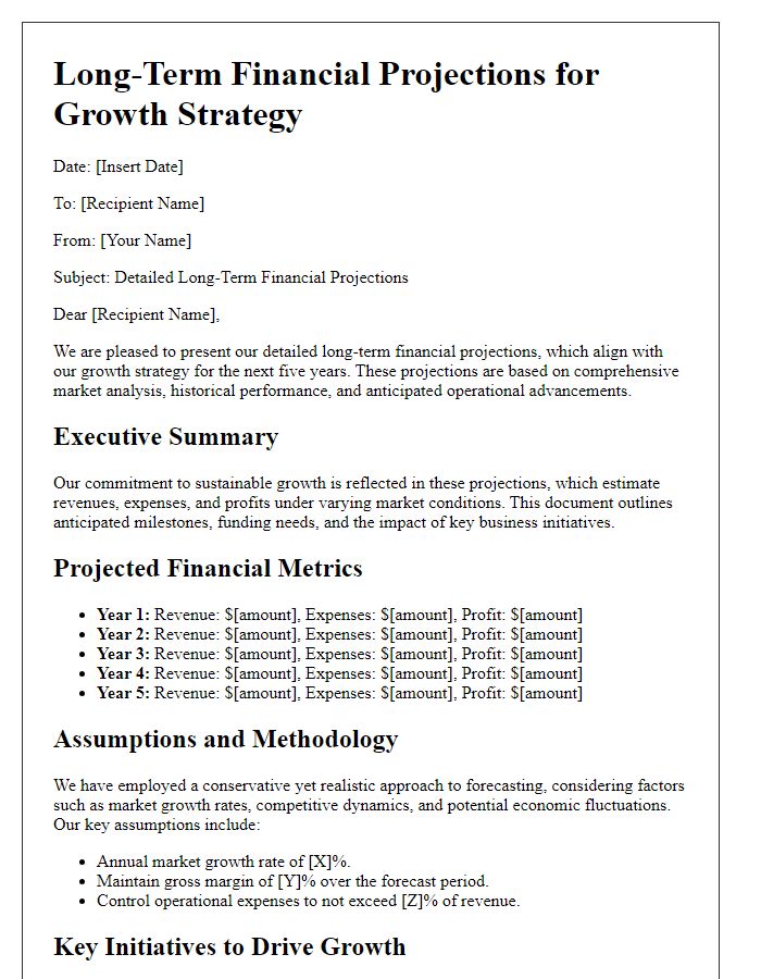 Letter template of detailed long-term financial projections for growth strategy.