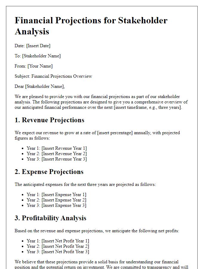 Letter template of financial projections for stakeholder analysis.